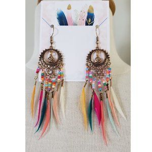 Feather Bohemian Boho Gypsy Earrings Antiqued Gold